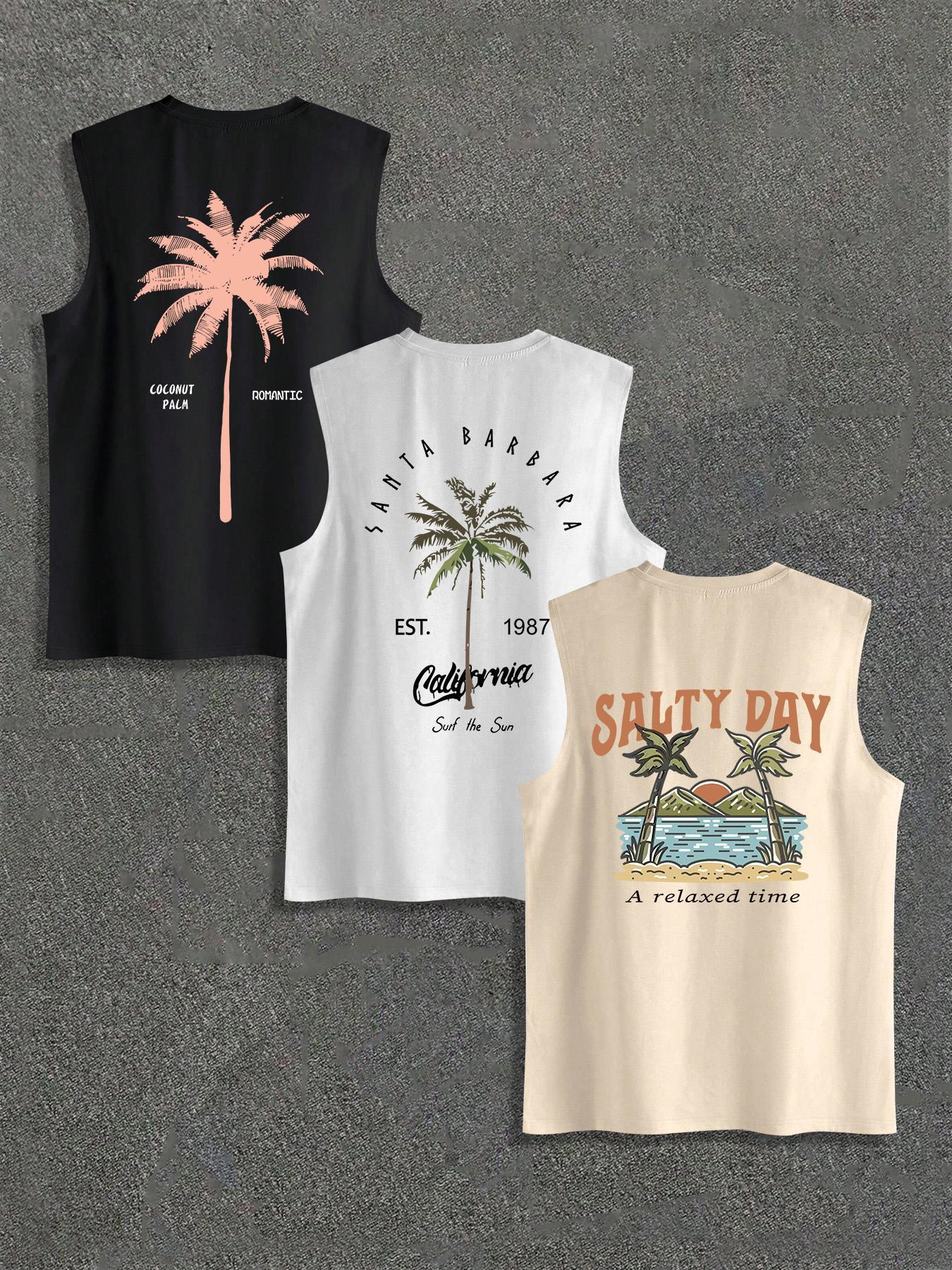 Men's Palm Tree Print Tank Top, Regular Fit Casual Sleeveless Round Neck Top for Summer, Men's Top for Outdoor Activities, Menswear, Graphic Tees, Athletic Tank Tops, Sleeveless Basic Tanks, Workout Tank Tops, Beach Tank