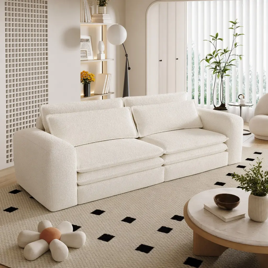 ARCH Furniture King Size 3-in-1 3-Seat Convertible Sleeper Sectional Comfy Couch with Chaise Lounge, Lumbar Pillows, Teddy Fabric, Beige White, Polyurethane Foam, 170 lbs Capacity, 75.6" W x 77.6" D x 12.7" H for Living Room, Three-Seater, Two Boxes