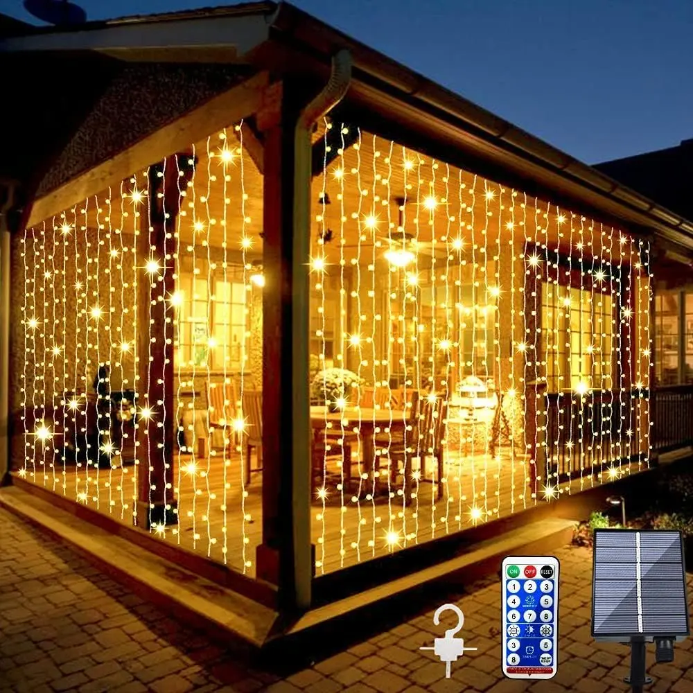 2 Pack Solar Curtain Lights Outdoor Garden Fairy String Lights 300 LED 8 Modes Remote Control  Solar Waterfall Lights for Gazebo Patio Party Festival Wedding Christmas Decorations(Warm)