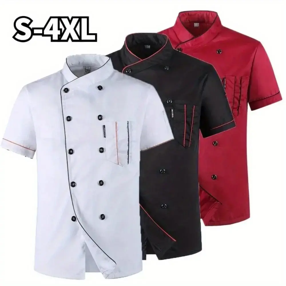 Short-Sleeve Cotton Workwear Chef Jacket for All Seasons - Restaurant Staff Uniform with 3XL and 4XL Sizes