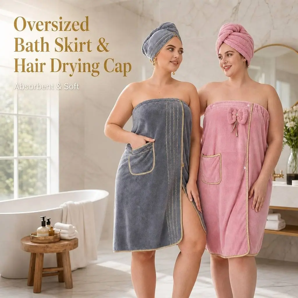 Plus Size Bath Skirt with Microfiber Hair Drying Cap for Women, M to XXXXL, 31.5*82.7inch, 2 Available Styles & Multi Colors, Soft Absorbent Wearable Bath Wrap, Adjustable Bath Towel for Home Shower Bathroom Spa Travel Beach