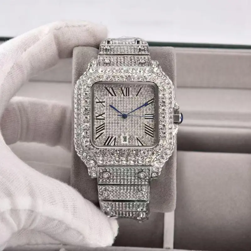 Rainbow Square Analog Sports Stopwatch Timer - Unisex Fit, Stainless Steel, High Light-Capturing, Luxury Look, Crystal Accents, Functional Date Window, No Tarnish/Fade, Urban Fashion Use, Outdoor Activities, Premium Bling Details
