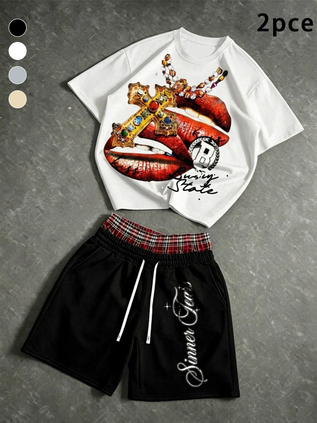 Summer Breathable Sleeveless Shorts Set, Drop Shoulder Lip Jewelry Cross Print Tee + Plaid Waist Handwritten English Loose Fit Pants, Unisex