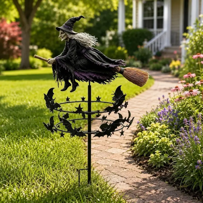 3D Magic Witch Garden Windmill, Halloween Outdoor Yard Decoration, Dual Ring Decorative Stake, Perfect for Porch, Patio, Pathway, Fall Lawn Decor, Garden Statue, Spooky Decor