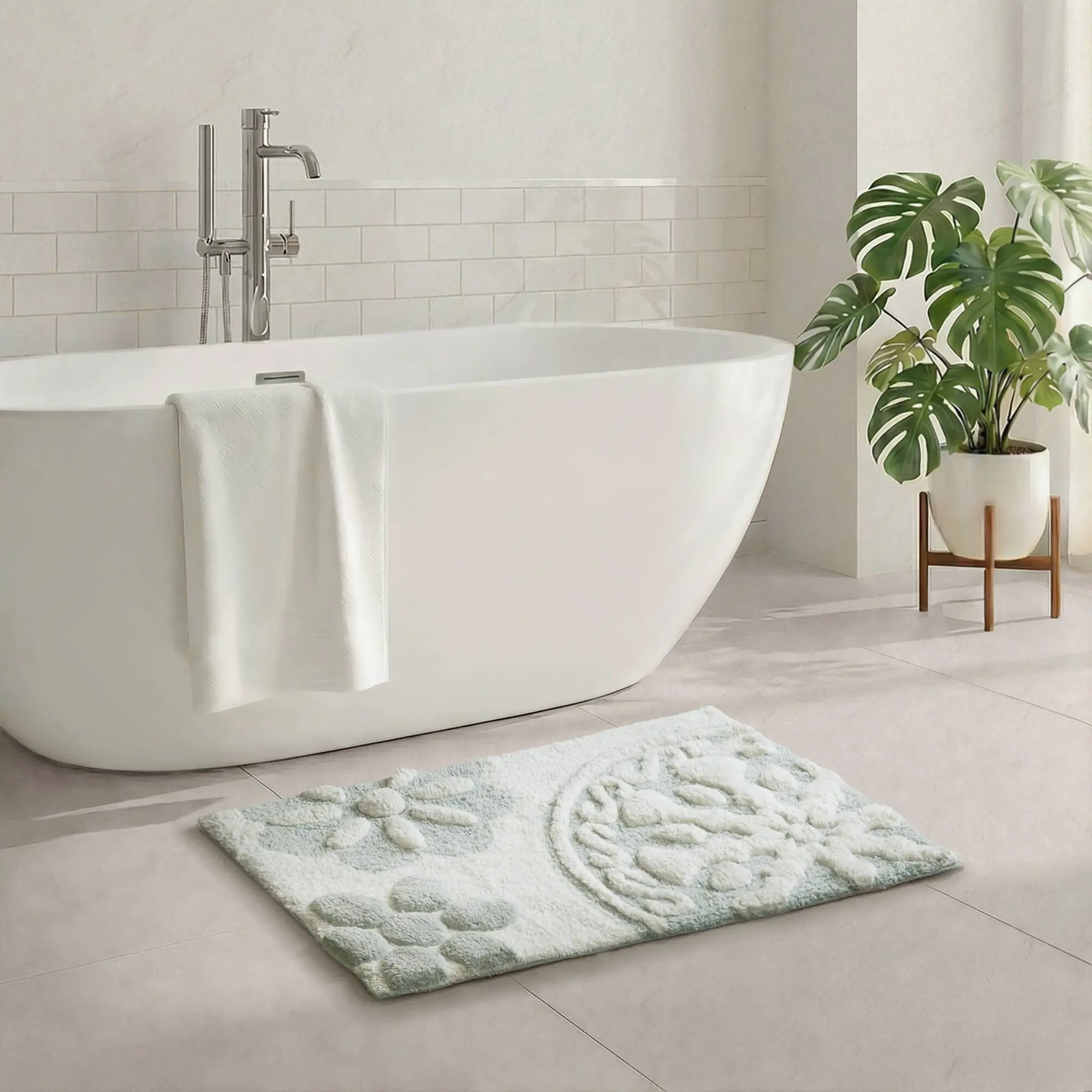 ARCH 20x30 Inch Medallion Cotton Tufted Bath Rug, Soft Absorbent Bathroom Floor Mat, Non-Slip Plush Carpet for Master Bath, Guest Bath, Laundry Room, Entryway, 1 Piece, White, Home Furniture and Household Product Search Terms for US Online Shopping