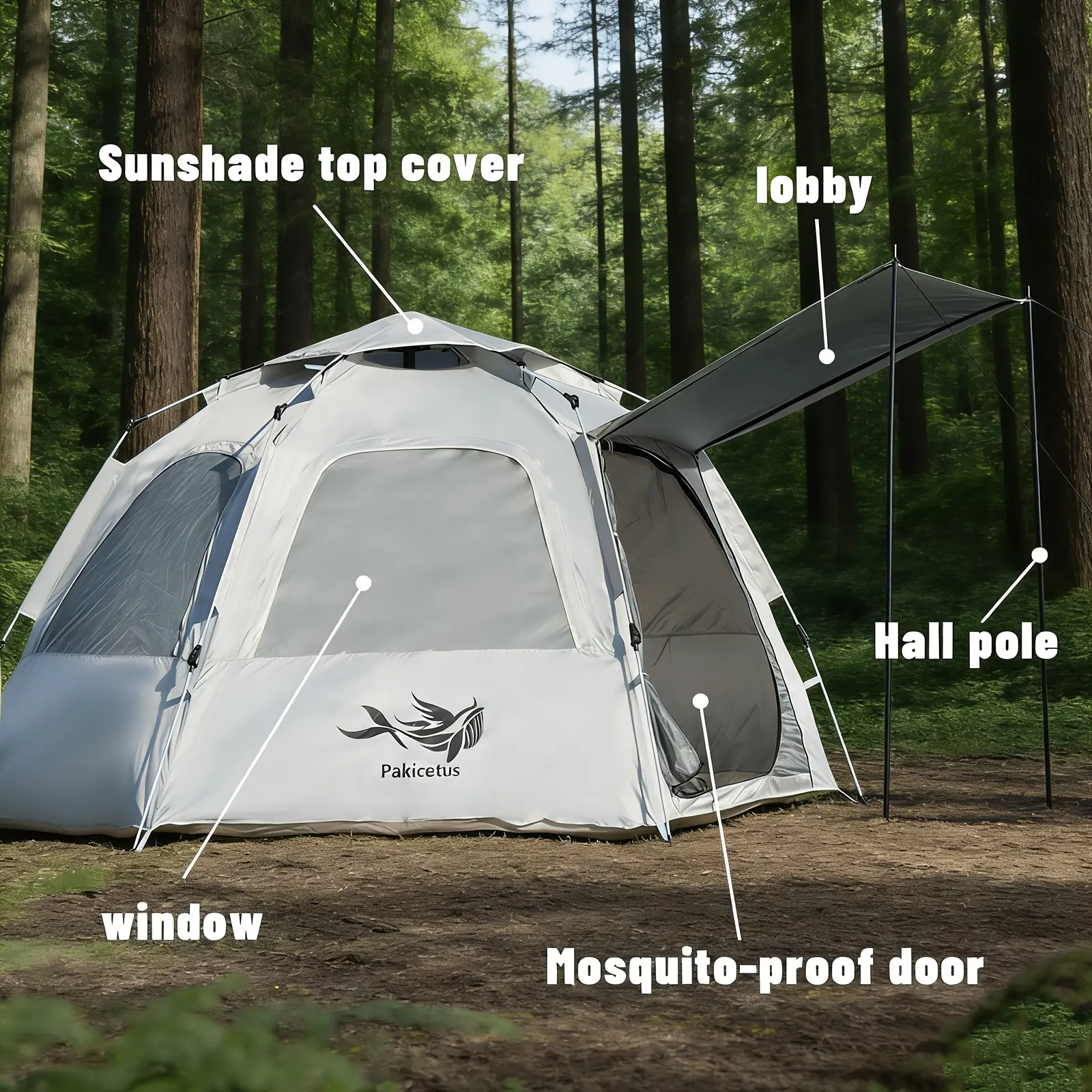 PAKICETUS Pop Up Camping Tent, Instant Setup Windproof Lightweight Portable Tent with Double Doors 4 Windows for Ventilation & Wide View, Outdoor Tent for Backpacking Hiking Beach Family Camping