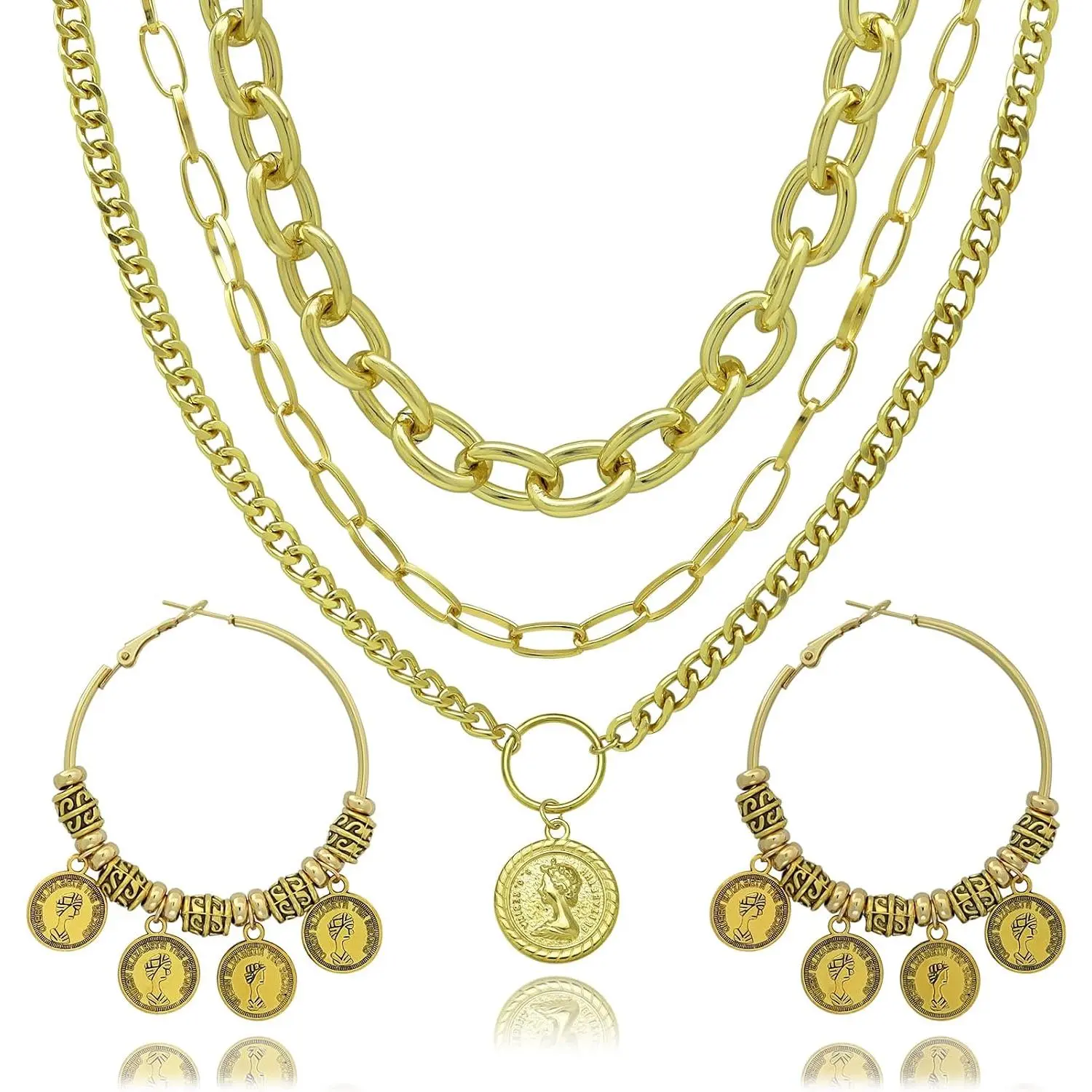 2 count Layered Golden Pirate Necklace Earrings for Women Chunky Chain Layered Necklace Boho Gypsy Hoop Earrings Punk Grunge 80s 90s  Pendant  Halloween Pirate Costume Accessories