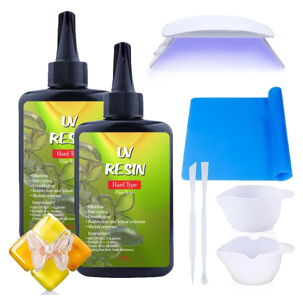 UV Resin with Light - 200g Upgraded Hard Type Crystal Clear Ultraviolet Curing UV Resin Kit, 6 Lamp Beads UV Light, Resin Kit with Light for Craft Jewelry Making, UV Resin Kit For Jewelry Making Supplies