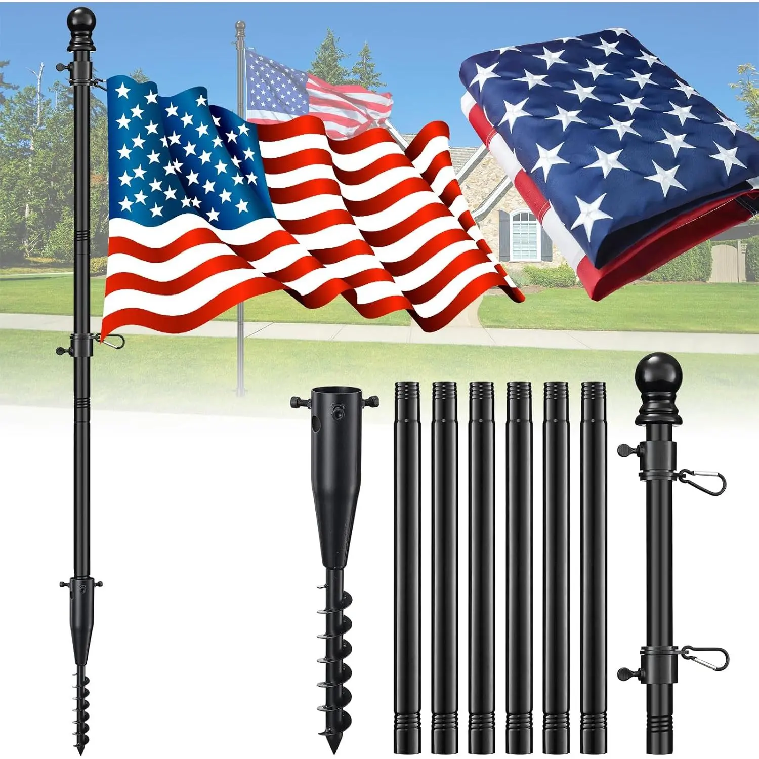 Flag Poles for 3x5 Flags Outdoor - 8 ft  Free Stainless Steel Flagpole with with Spiral Ground  Inserted into the Ground,Portable Flag Pole kit for Outdoor RV Camper,Black
