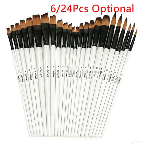 6/24 Pcs Nylon Hair Artist Paint Brushes Multifunctional Painting Tool Paint Brush Kit Pearl White Wood Pole Brushes for Acrylic Oil Watercolor Painting Face Body Rock Canvas DIY Crafts Hand Painting Set Art Supplies Kit
