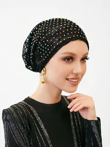 1pc Micro Flash Rhinestone Headscarf Hat, Soft Modal Hijab, High Elastic Sleep Cap, Plain Chic Hijab, Muslim Fashion Decorative Hat, Sleeping Hat