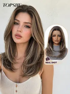 Topshe Base Golden Highlights Side Part Feather Layered Lace Front Wig, Natural Look, No Maintenance, All Seasons
