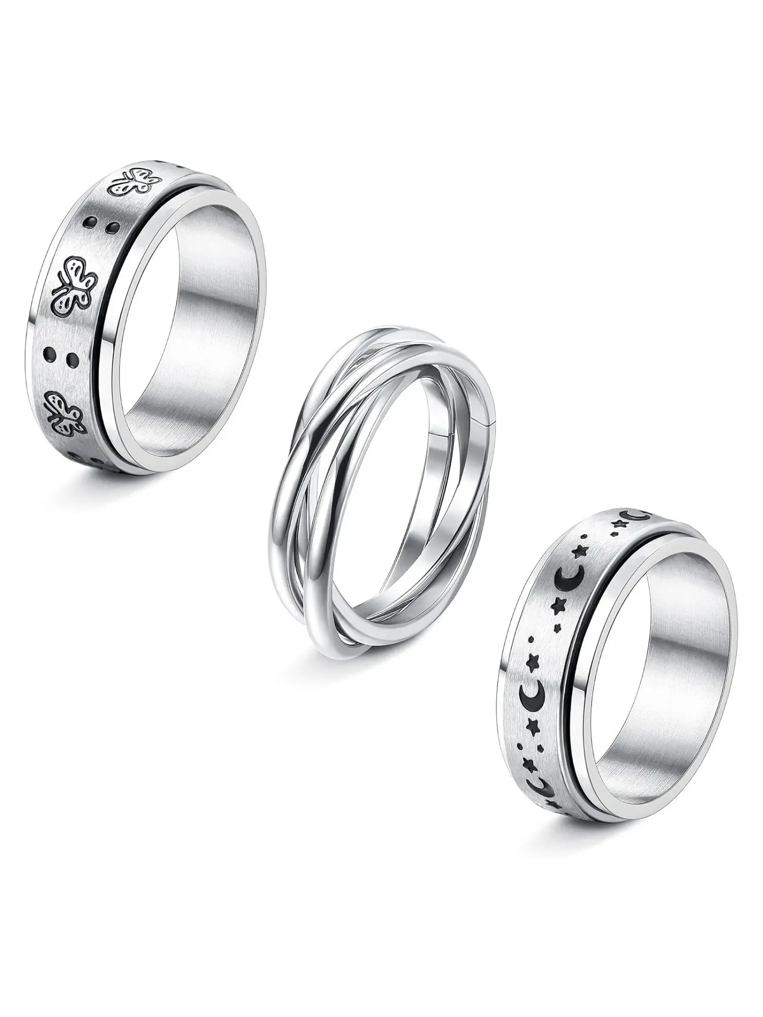 3 Pcs Classic Silvery Engraved Fidget Spinner Intertwined Twist 316L Stainless Steel Rings for Unisex Daily Minimal Layered Finger Styling Butterfly Laser Engraved Rotatable Band Crossed Smooth Twist Ring Crescent Moon Star Pattern Ring