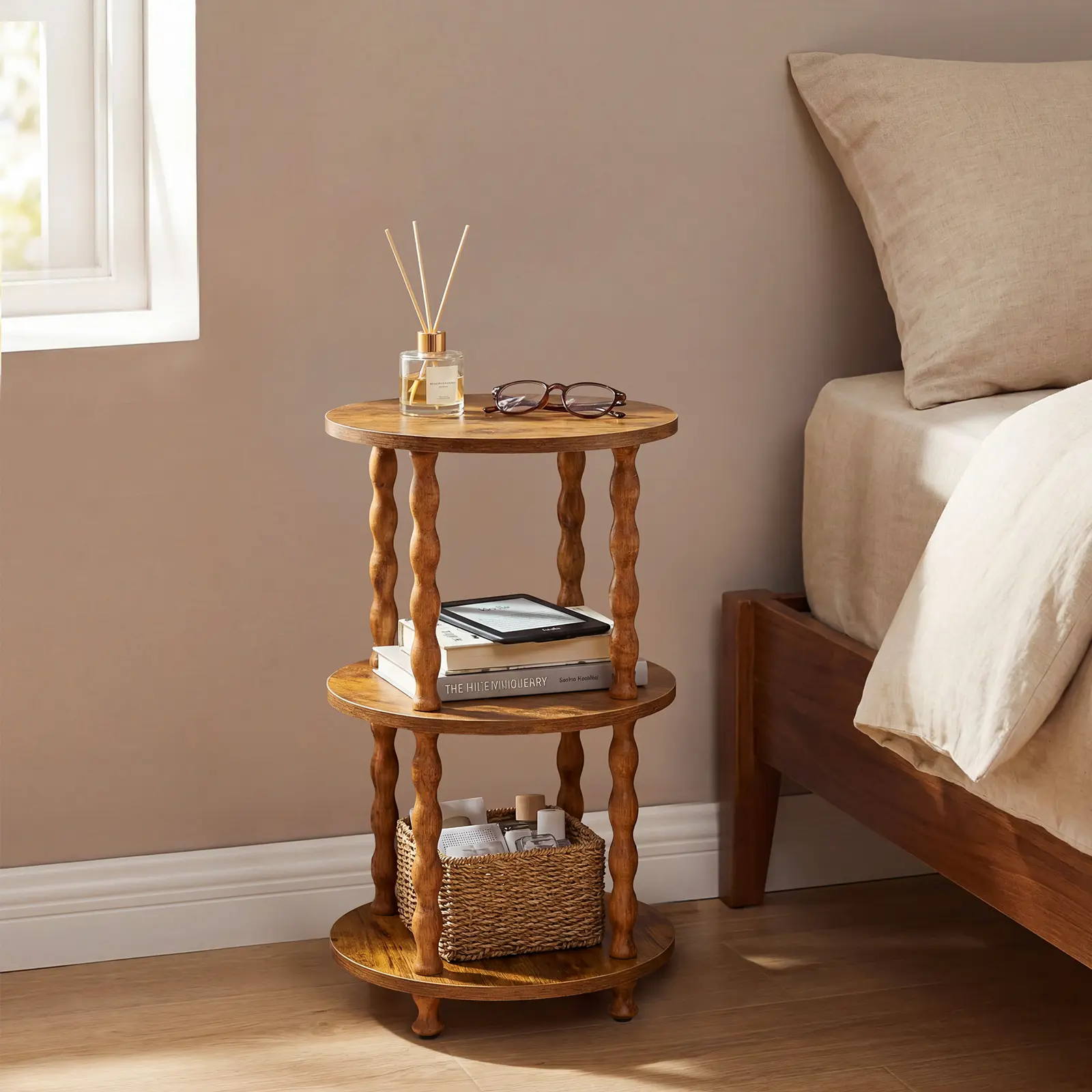Vintage 3-Tier Side Table, Small Round End Table with Storage Shelf, Compact Nightstand for Living Room Bedroom Small Spaces, Farmhouse Decor Must-Have