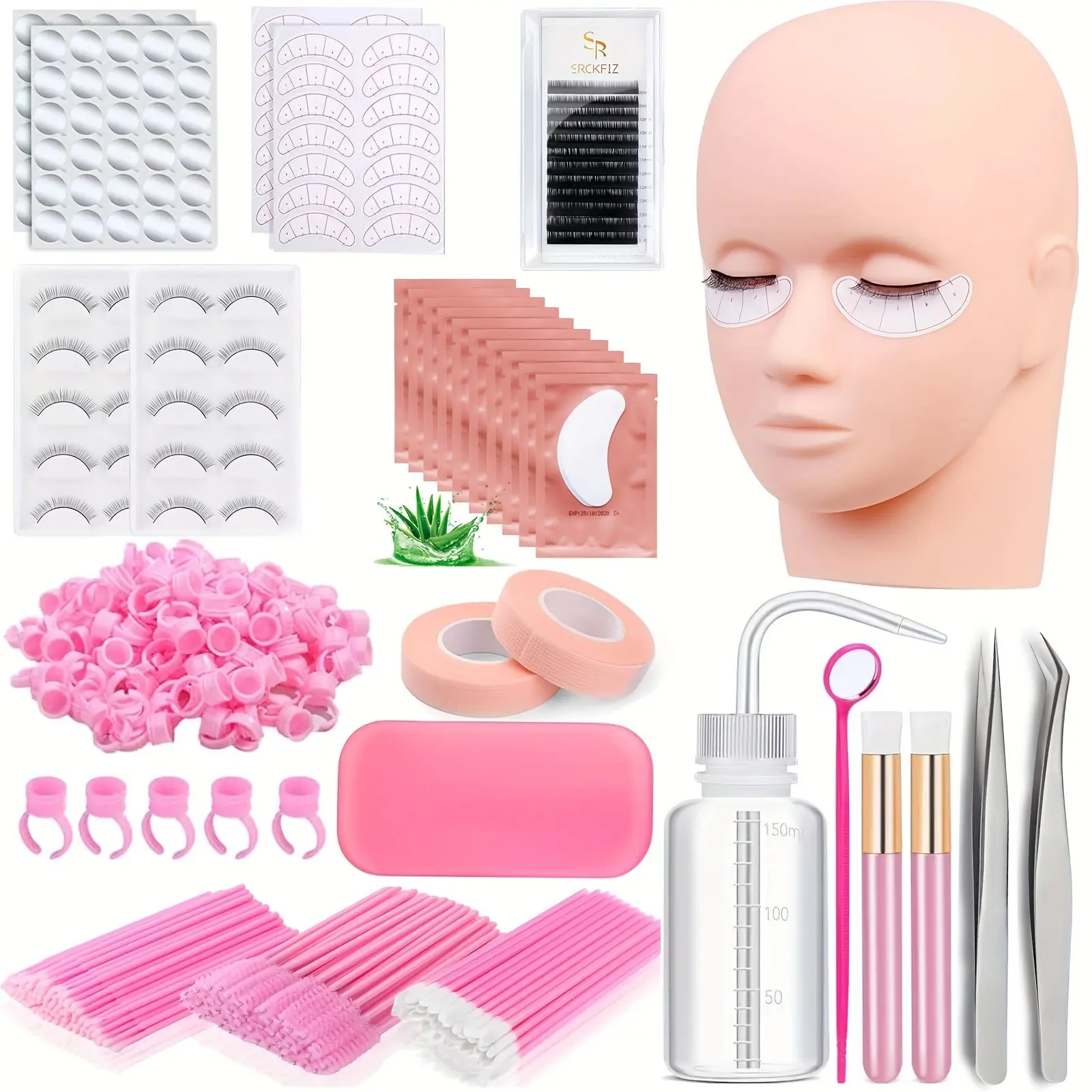 Practice Eyelash Silicone Mannequin Head Set, Beginner False Lashes Kit, Tools and Cleaning Supplies, Beauty Tools, C Curl, 10-12mm Length, 0.07mm Thickness