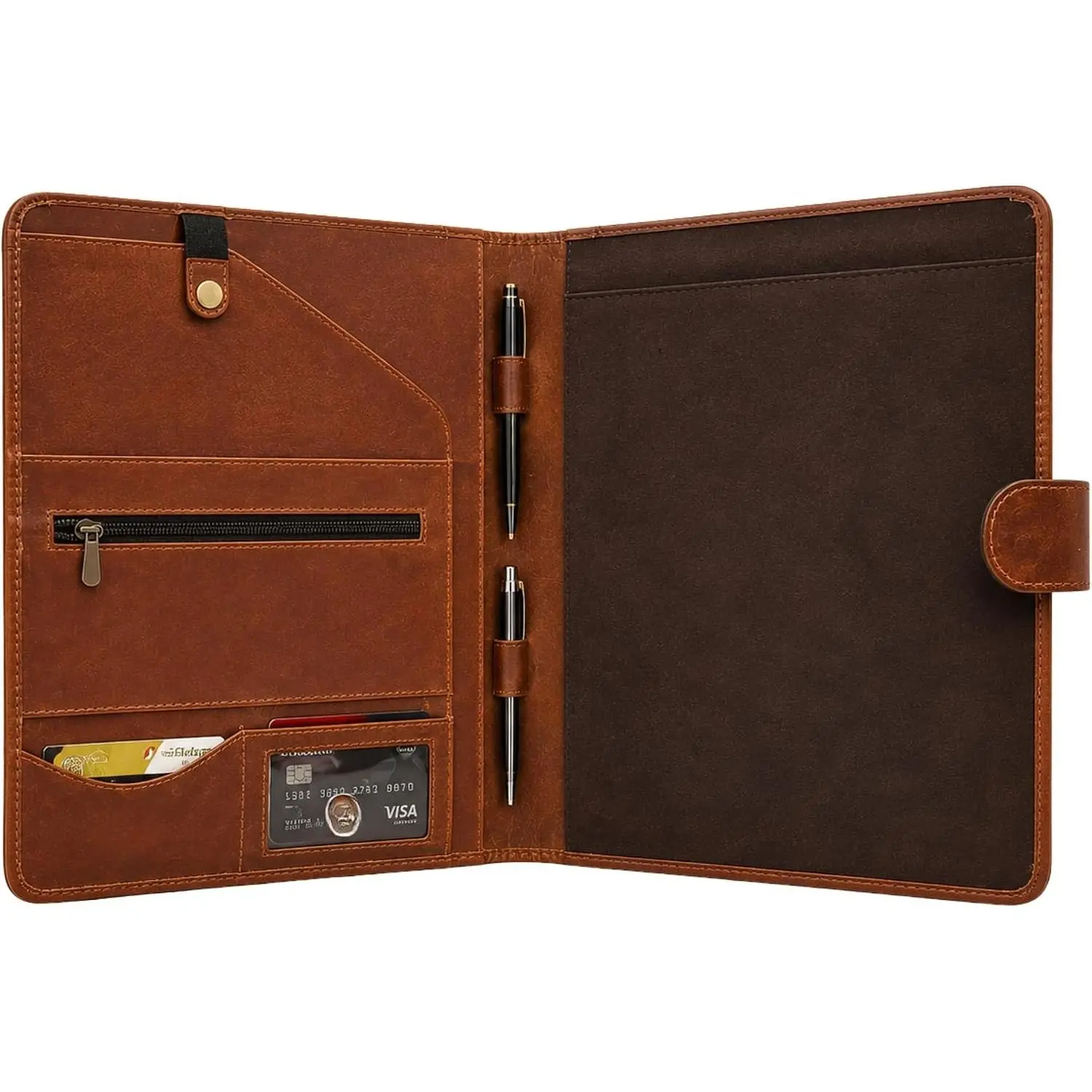 Leather Portfolio Padfolio Organizer – Professional Resume & Interview Folder with Zipper Pocket, Card Slots & Pen Holders – Genuine Leather Business Binder for Documents