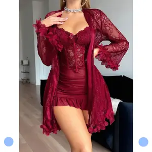 2 pcs Lingerie For Women Womens Lace Bodysuit Sexy Nighty Mesh Sleepwear V Neck Chemise Nightgowns  full sleeve
