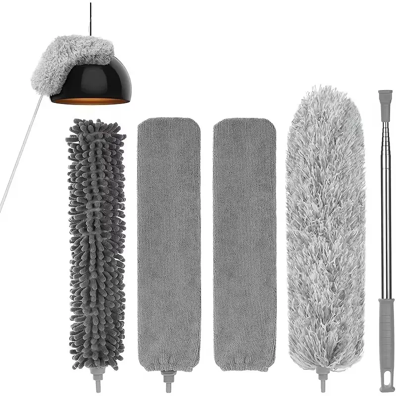 5pcs Extendable, Washable Microfiber Dusters with Extendable Handle and Bendable Corner Broom, Extra Long Dusting Wand Up to 111.42inch, Ideal for Ceiling Cobwebs (Grey), Cobweb Duster with Extension Pole