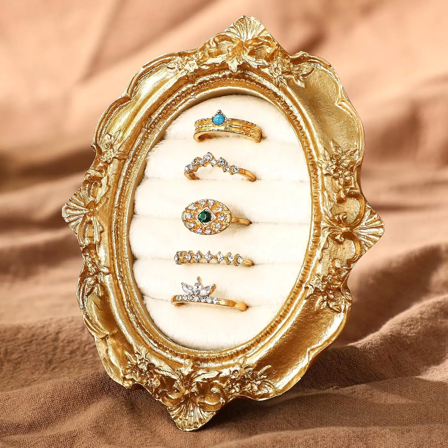 Compact Foldable Vintage Oval Gold Handcrafted Jewelry Box & Organizer - Suede Ring Holder, Earring Tray, Wedding Gift, Handmade Touch Display Stand, Home Supply for Women’s Gifting & Jewelry Storage, Boxes, Handcrafted Jewelry Boxes & Organizers