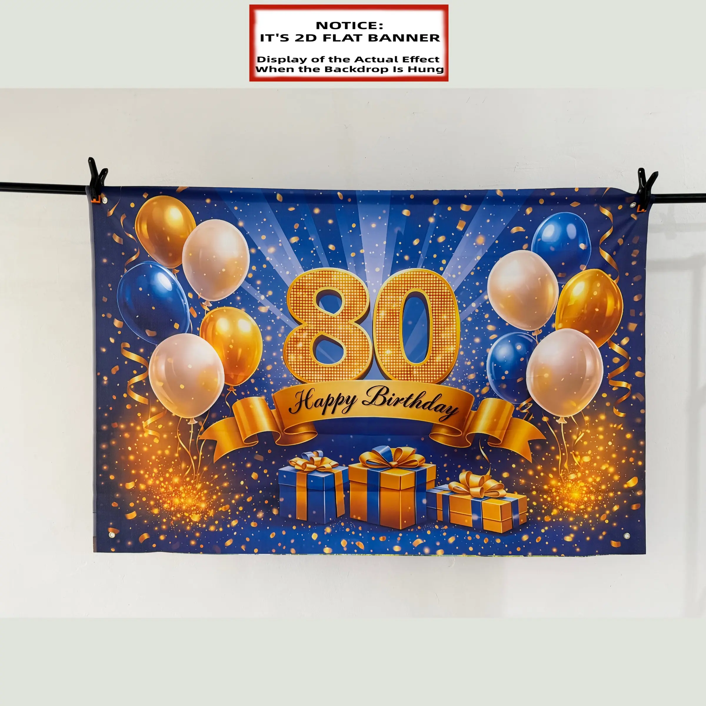 2D Flat 80th Birthday Themed Backdrop, Backdrop Banner, Navy Blue with Golden Foil Glitter Design, Includes Balloon, Confetti Decorations, Durable, No Power Supply Needed, Suitable for 80th Birthday Parties, Celebrations, Wall Dec, Glitter Photo Backdrop