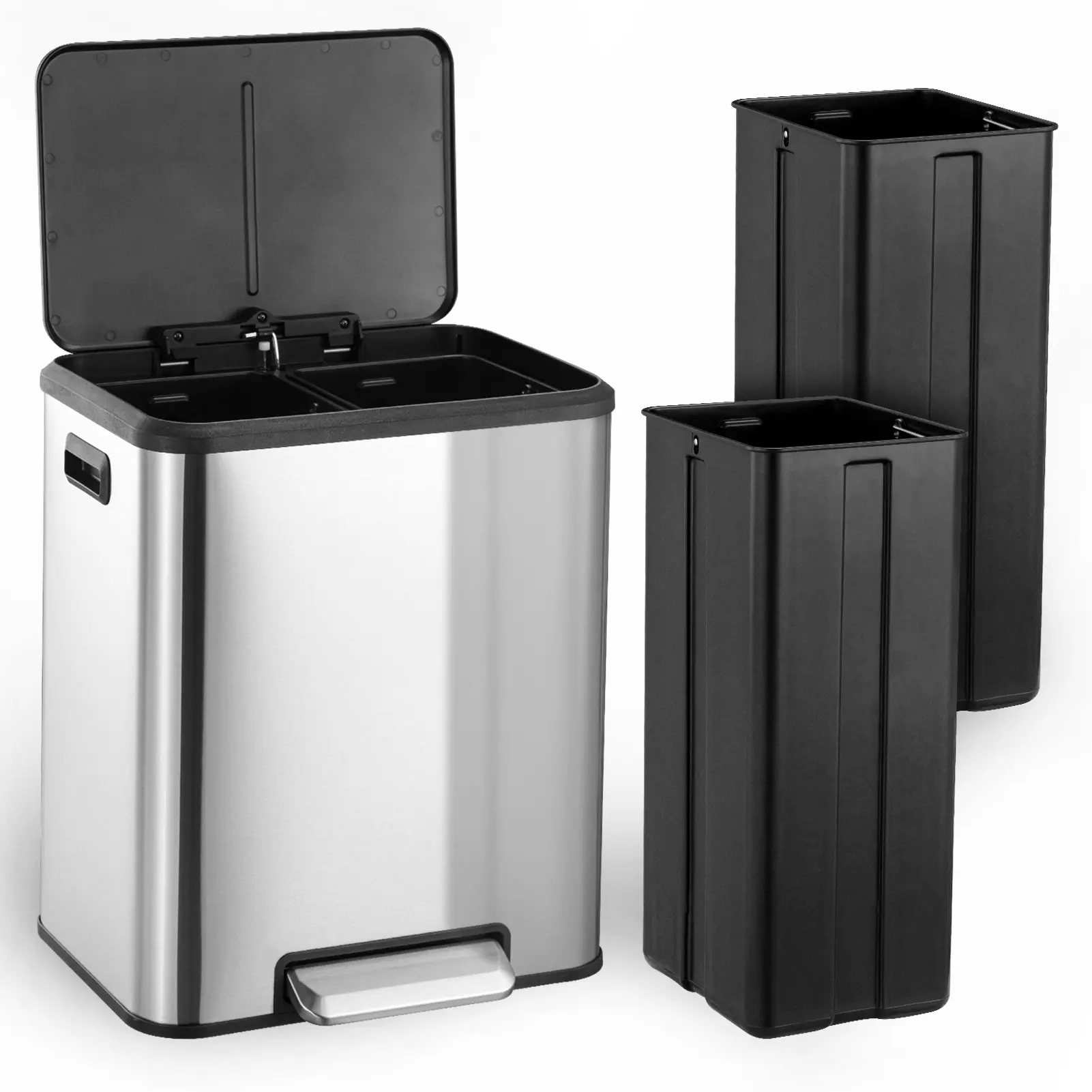 8 Gallon Dual Compartment Kitchen Trash Can & Recycling Bin Combo, Heavy-Duty Stainless Steel Step Garbage Can with 2 Removable Inner Buckets, Soft-Close Lid & Hands-Free Foot Pedal, Fingerprint-Resistant Waste Organizer for Home & Office Space