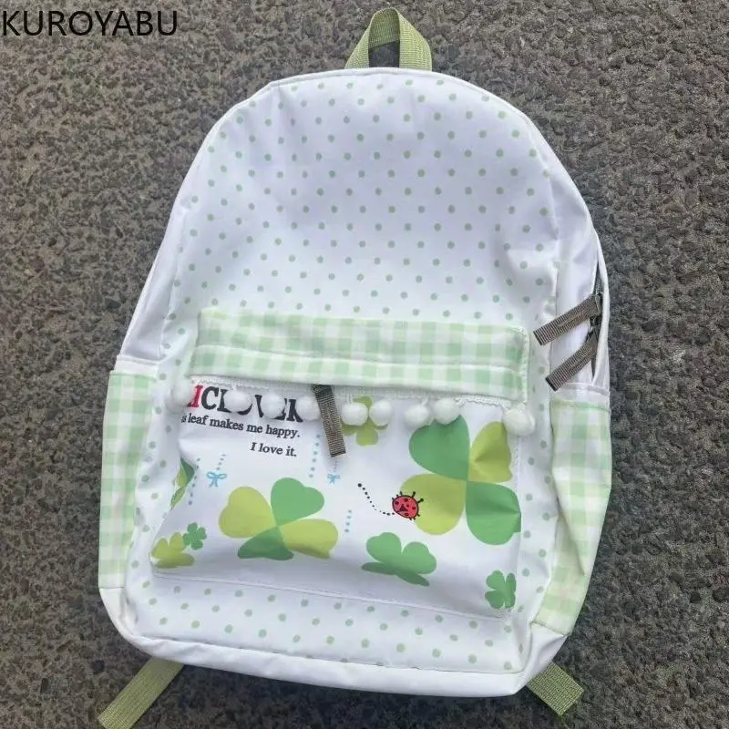 Japanese School Backpack - Lucky Clover Print Canvas Student Bag for Women, 38x26x13 cm Large Capacity Portable Travel Bag, Student Bags