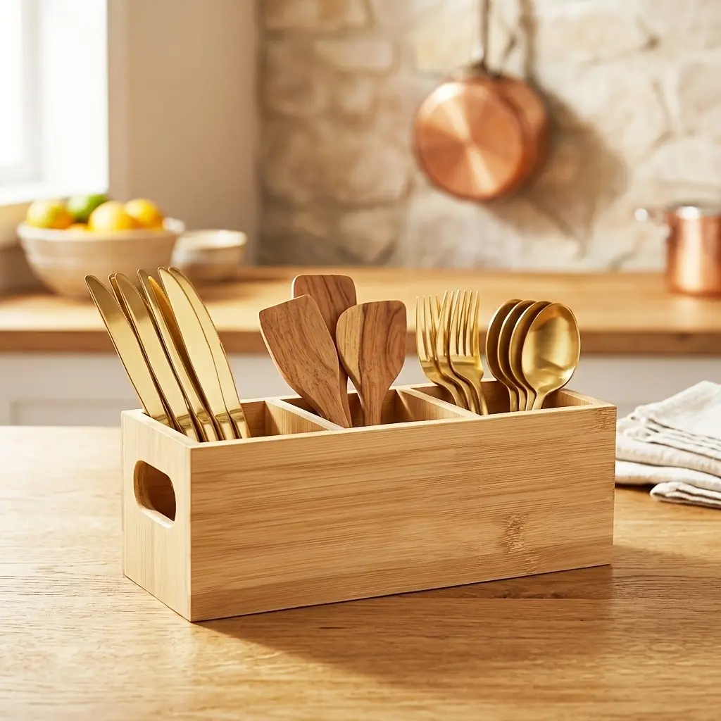 Cutlery Holder, Home Kitchen Utensil Caddy with 3 Compartments, Countertop Cutlery Storage Organizer, Flatware Organizer for Parties, Spoon and Fork Holder