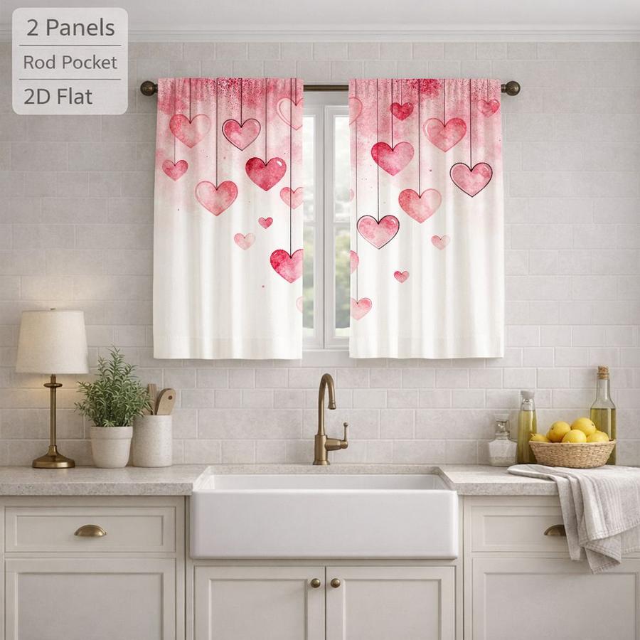 2Pcs Romantic Pink Heart Pattern Sun Blocking Curtains Digital Printed Rod Pocket, Window Treatment For Bedroom Office Kitchen Living Room Study Home Decor