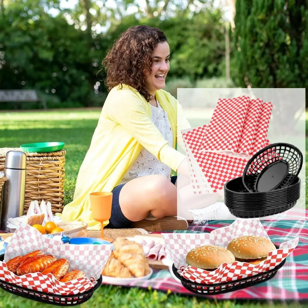 15pcs Fast Food Baskets with 100pcs Food Basket Liners for Serving Burger Baskets Chip Baskets Service Basket Trays for Hot Dog Hamburger Bread Picnic