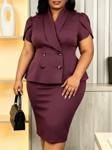Plus Size Women Blazer Set, Lapel, Split Sleeves, Double Breasted Design, High Waist Top with Pencil Skirt Tailored Fit, Church Office Business Work Spring Autumn Outfits