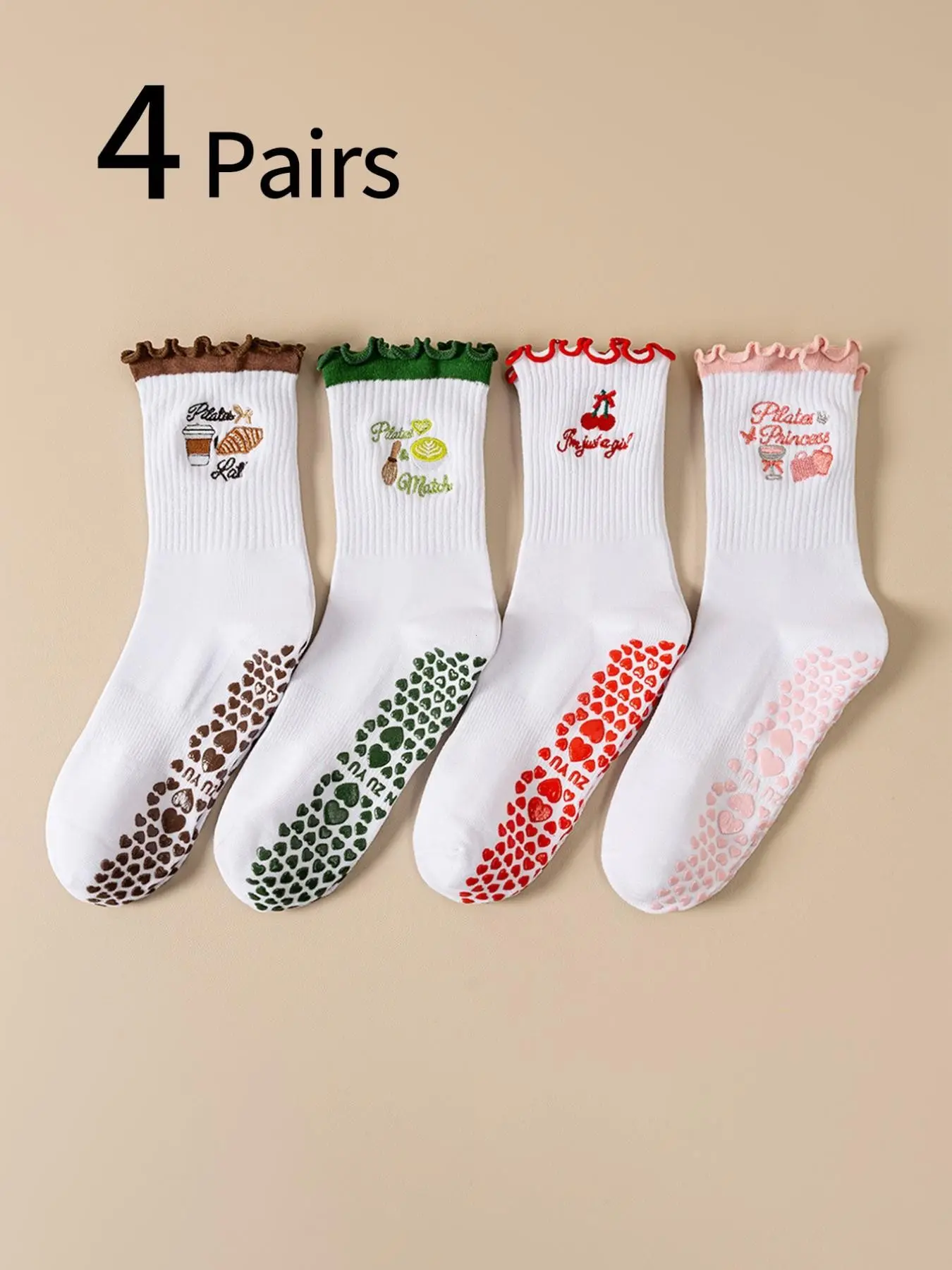 4 Pairs Women's Mid-Calf Sports Socks, Cute Cartoon Embroidered Trim, Non-Slip Silicone Pilates, Yoga Socks, Dance Socks, Sweat-Wicking Breathable