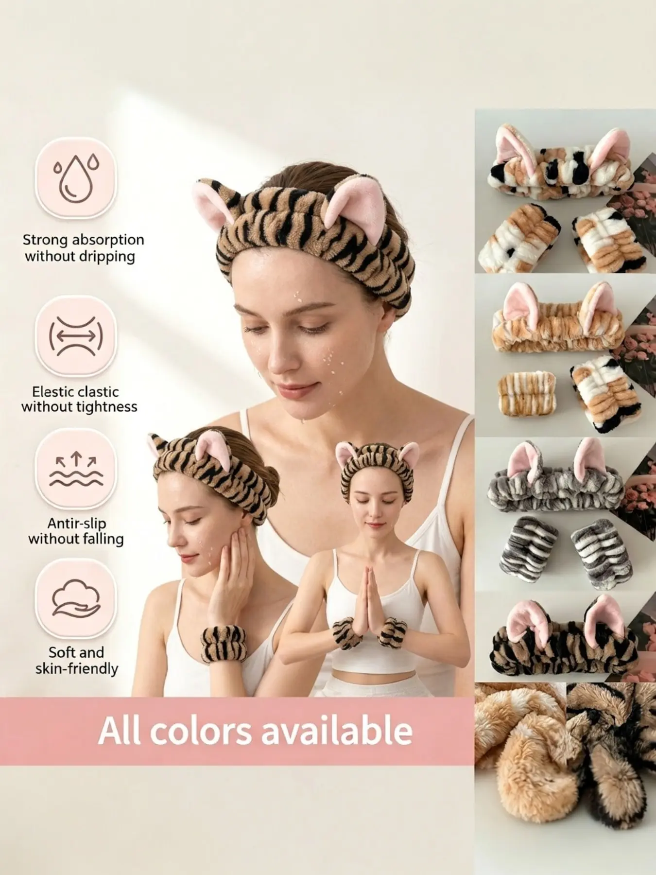 3pcs Animal Cat Ears Cute Casual Party Elegant Polyester Face Towel Headband, Waterproof Hair Tie, Sports Yoga Sweat Band, Workout Headbands, All Season Use, Elastic Headbands