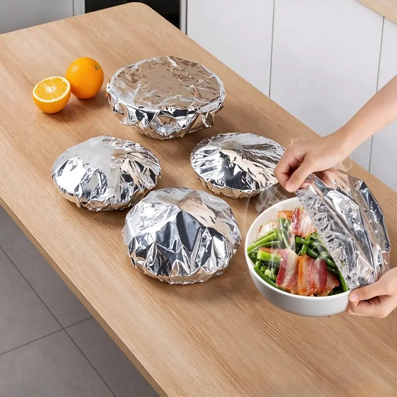50 or 100 Pack Insulated Aluminum Foil Meal Covers, Popular Practical Kitchen Accessory, Elastic Heat Retaining Food Wrap Covers, Keep Dishes Warm, Perfect for Housewarming Gift & Party Food Serving
