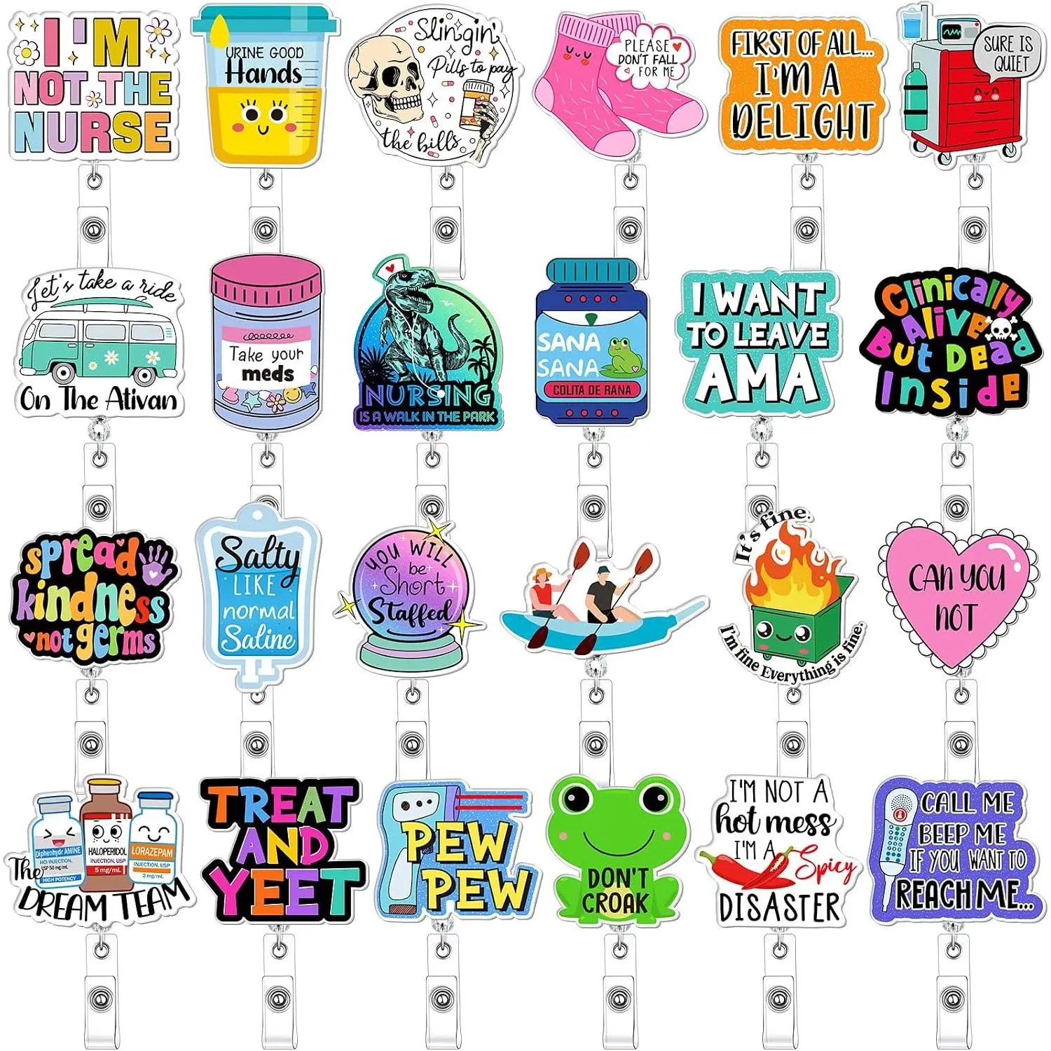 24-Count Funny Themes Badge Reels - Synthetic Retractable ID Holder with Cute Designs, Bulk Pack Name Tag Clip for Staff Teams, Office Work Accessories