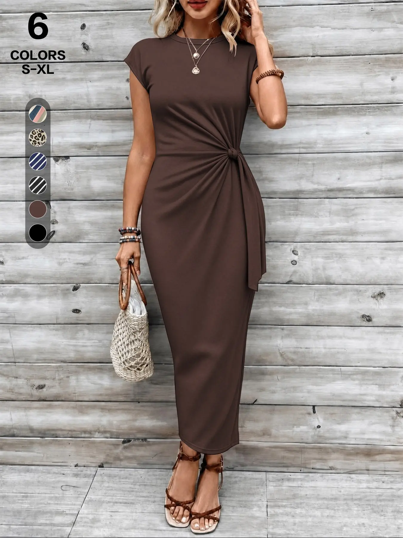 Slim Fit Mermaid Silhouette Dress | Short Sleeve Twist Detail Maxi with Ruffle Hem | Fashionable Casual Solid & Print Summer Loungewear Beach Resort Wear for Women