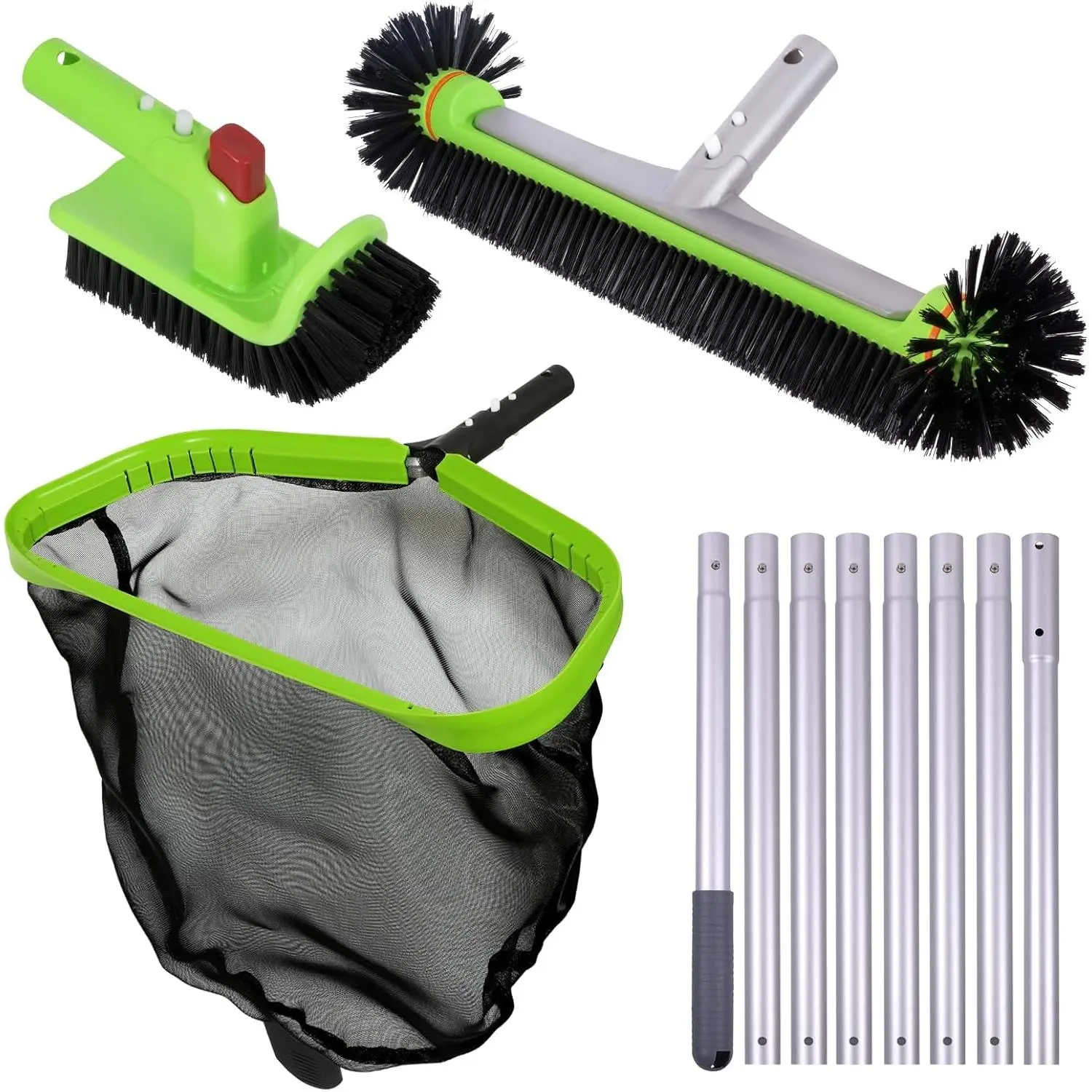 Deluxe Swimming Pool Cleaning Kit with 10.5" Aluminum Pole, Professional Pool Maintenance Set with Leaf Skimmer Net, 17.5" Pool Brush Head & Hand Scrub Brush for Inground & Above Ground Pools
