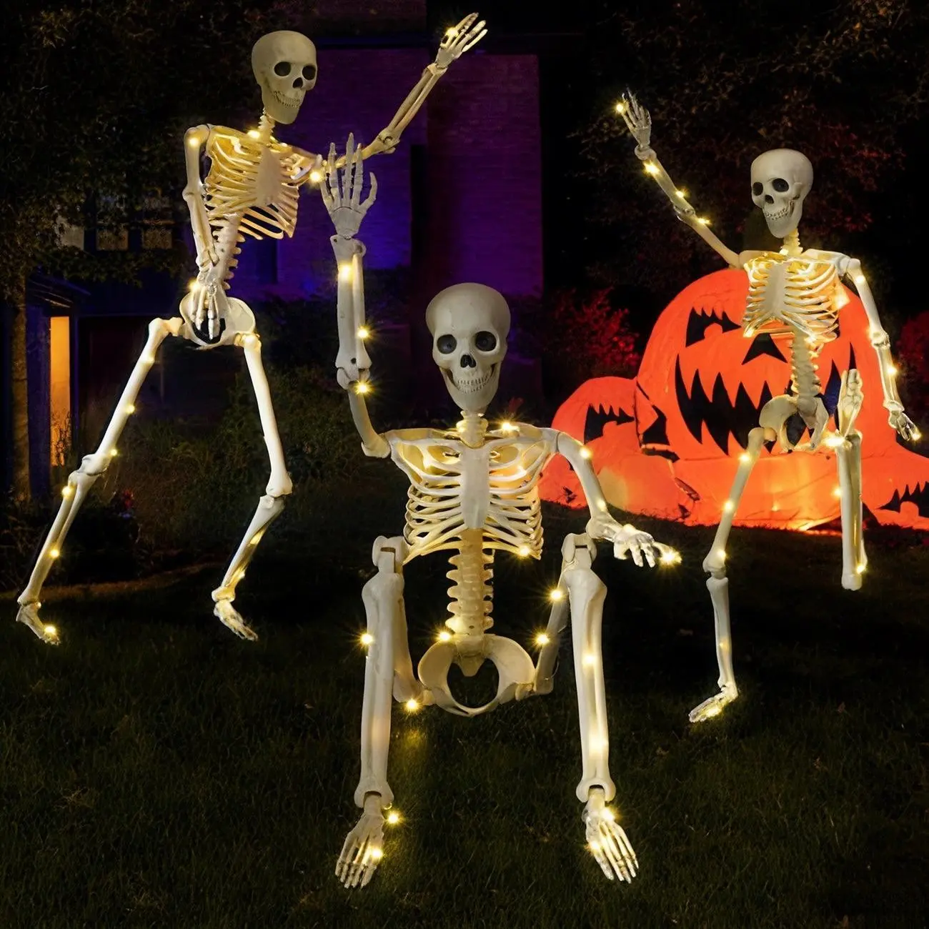 LED Lighted Halloween Skeleton Decoration, Full Body Poseable Skeleton Prop, Outdoor Yard & Indoor Home Garden Halloween Party Decor, Party Decor Supplies, Spooky Halloween Hanging & Standing Ornament