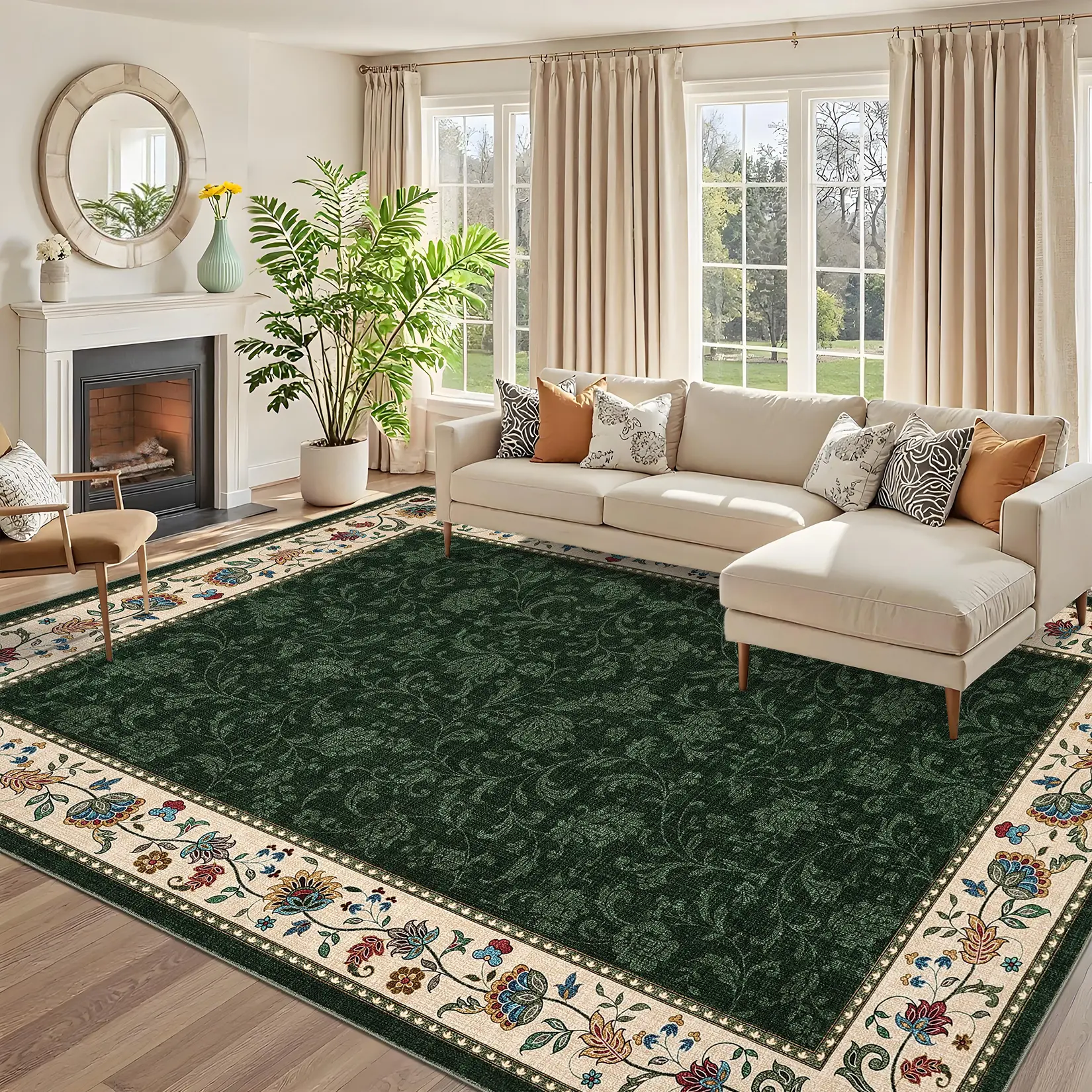 Washable Vintage Oriental Floral Border Area Rug for Living Room Bedroom, Traditional Soft Low Pile Carpet, Stain Resistant Non Shed Indoor Floor Mat, Easy Clean Antique Art Rug for Dining Room Farmhouse Cottage Decor