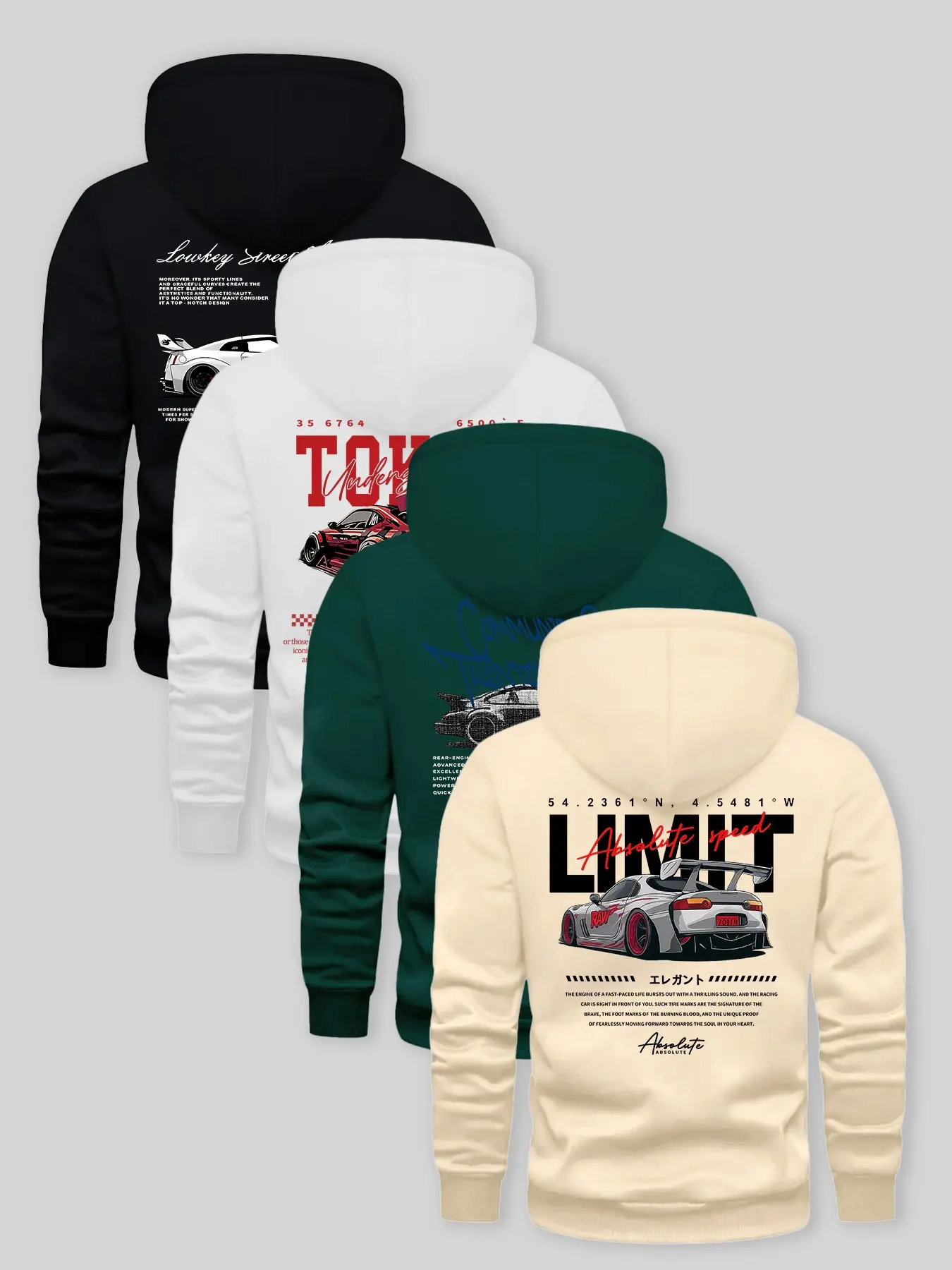 Four-Color Japanese Racing Car Letter Print Hoodie, Streetwear Modified Car Style Loose Long Sleeve Jacket, Trendy Casual Outerwear