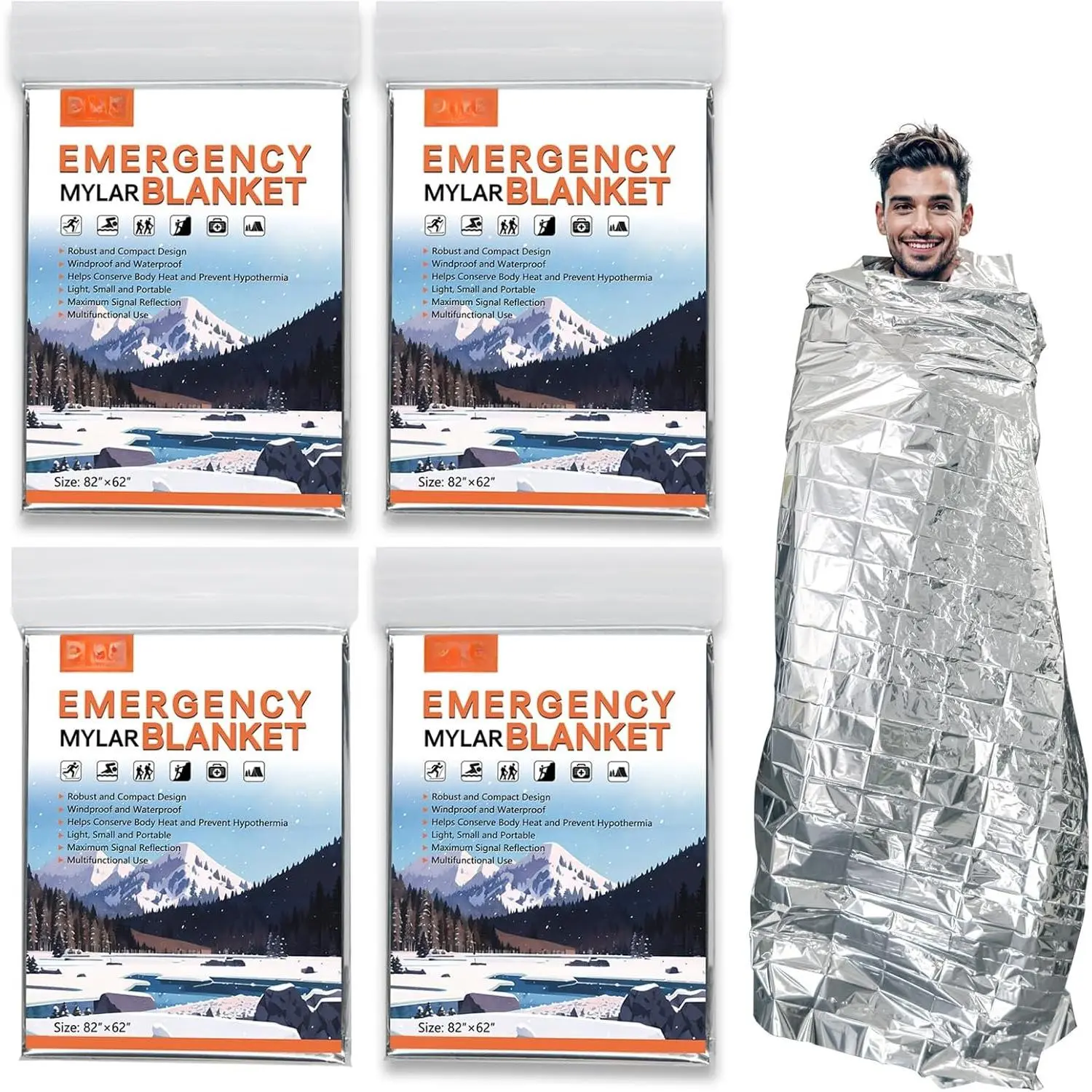 4-Pack  Mylar Thermal Blankets | 82"x62"  for Camping, Hiking,  Insulation, Outdoors,   Kit,  Out Bag, Marathons or .