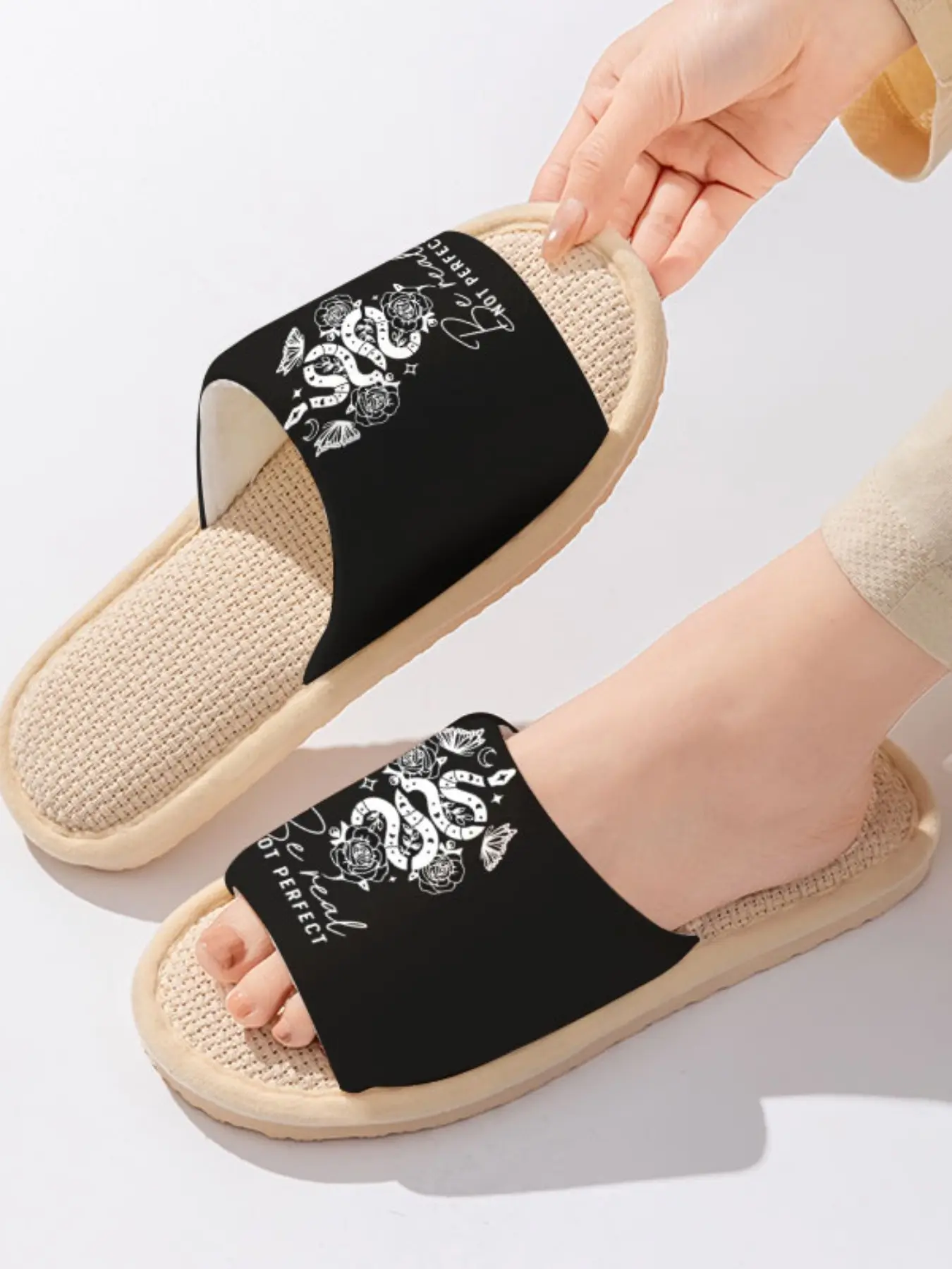 Snake & Rose Butterfly Print + "Be real NOT PERFECT" Slogan | Dark Edgy 1 Pair Linen Breathable Non-Slip Home Slippers For Trendsetters (Spring Summer/Lounging)