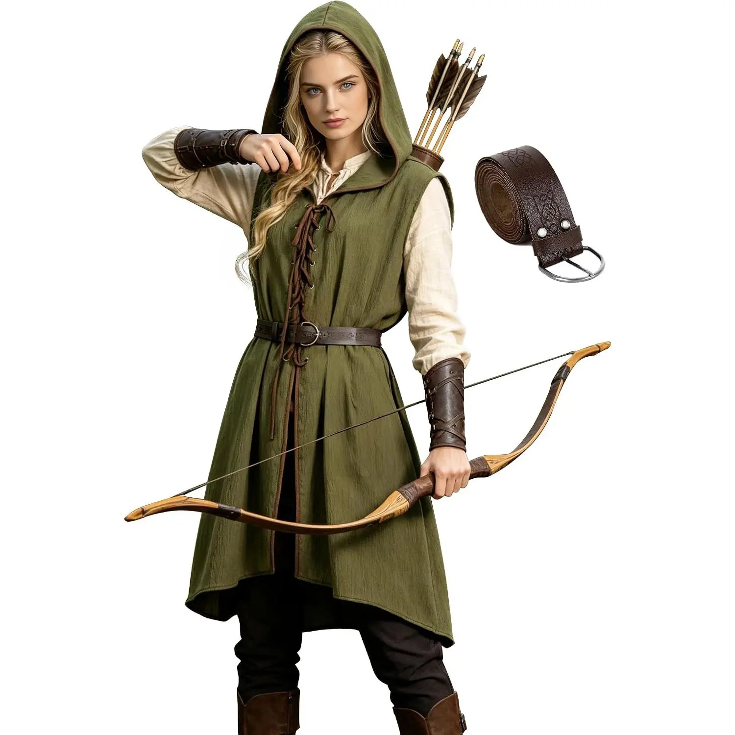 Adult Medieval Hooded Surcoat Sleeveless Ranger Tunic with Belt