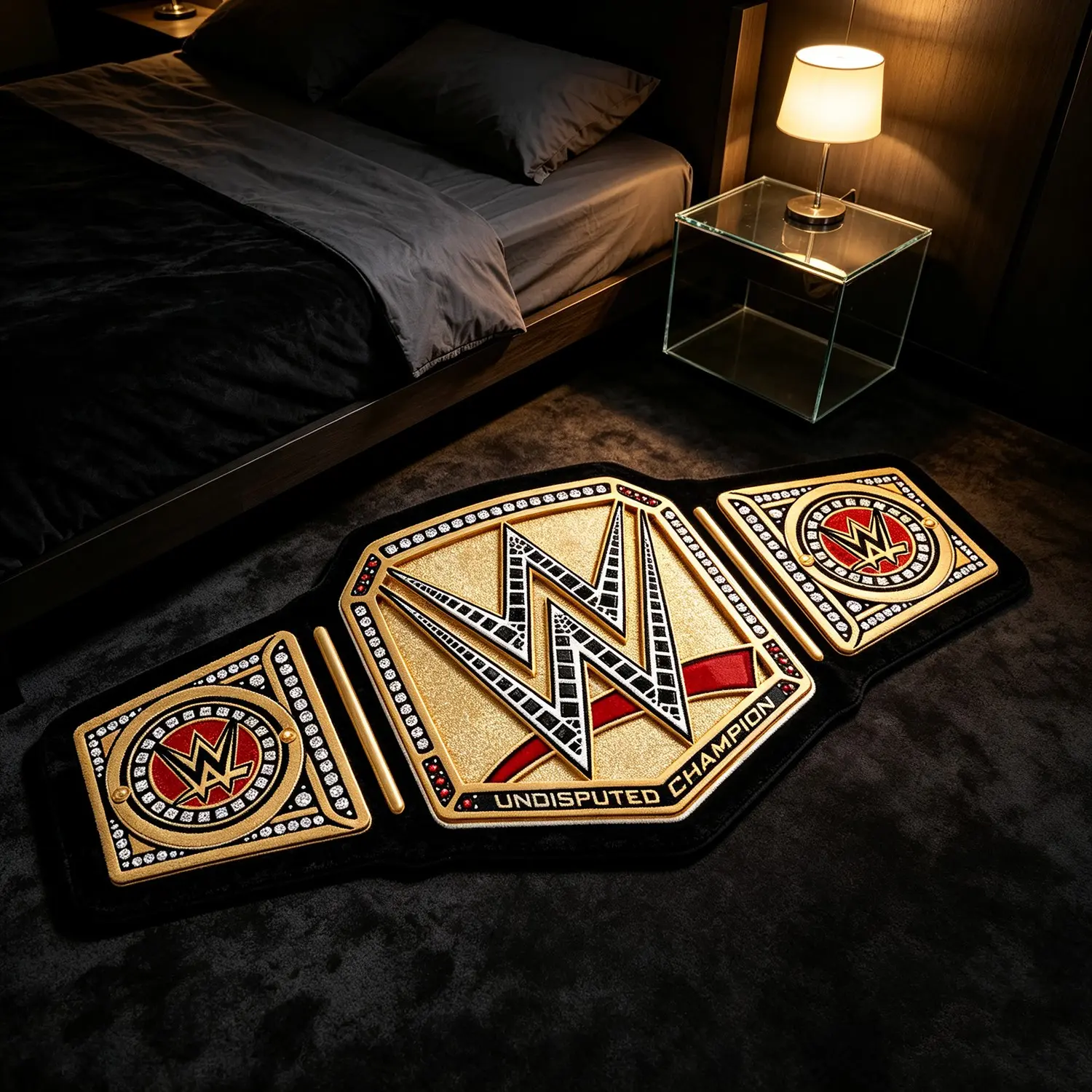 American Fighter Champion Belt Shaped Rug, Gold Rhinestone Pattern, Non-Slip Floor Mat, Washable, Multiple Sizes, Home Decor Carpet