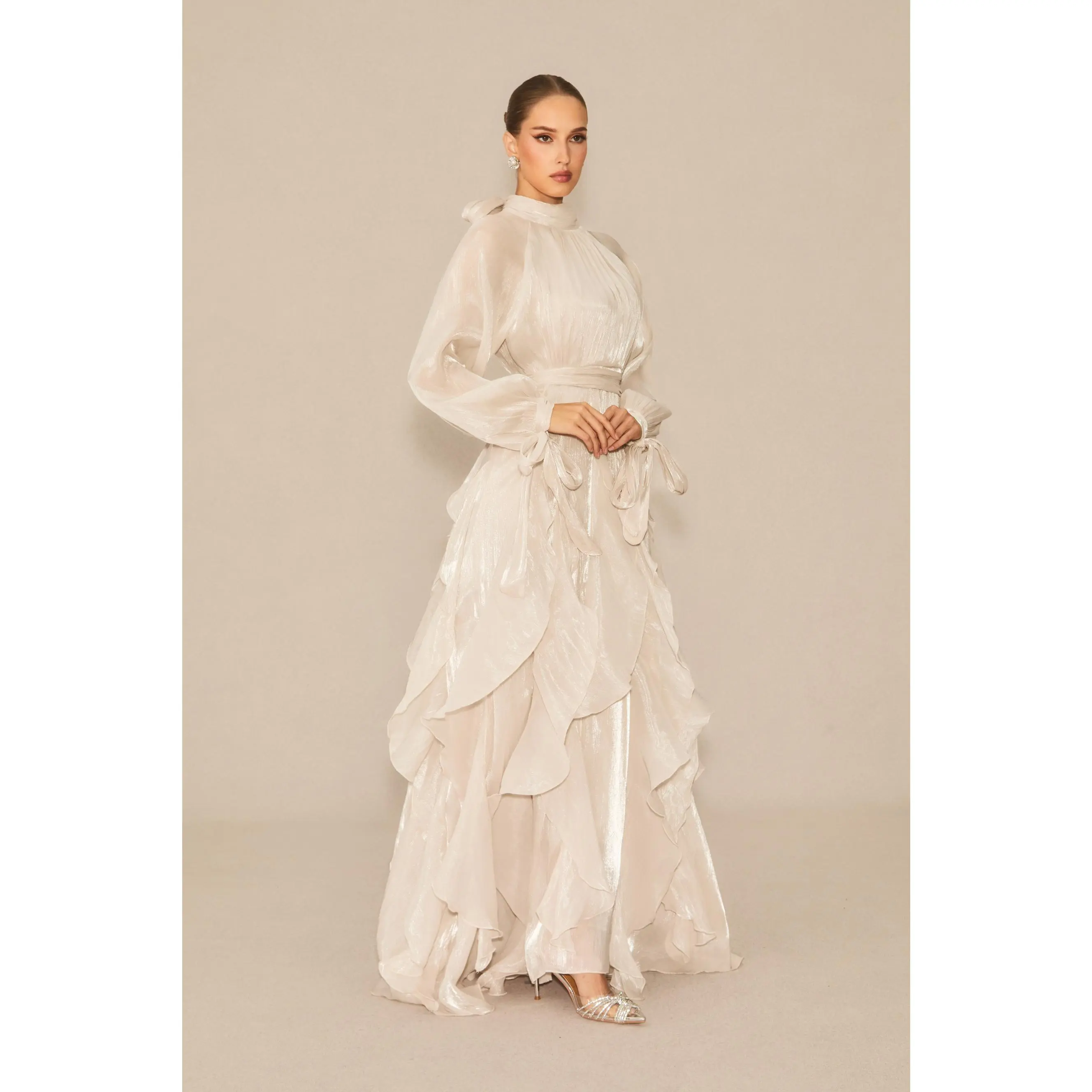 Sunfere Puff Sleeve Ruffle Trim Maxi Dress - High Neck Bow Detail Tied Waist Elegant Modest, Eid Celebration Wedding Guest Gown