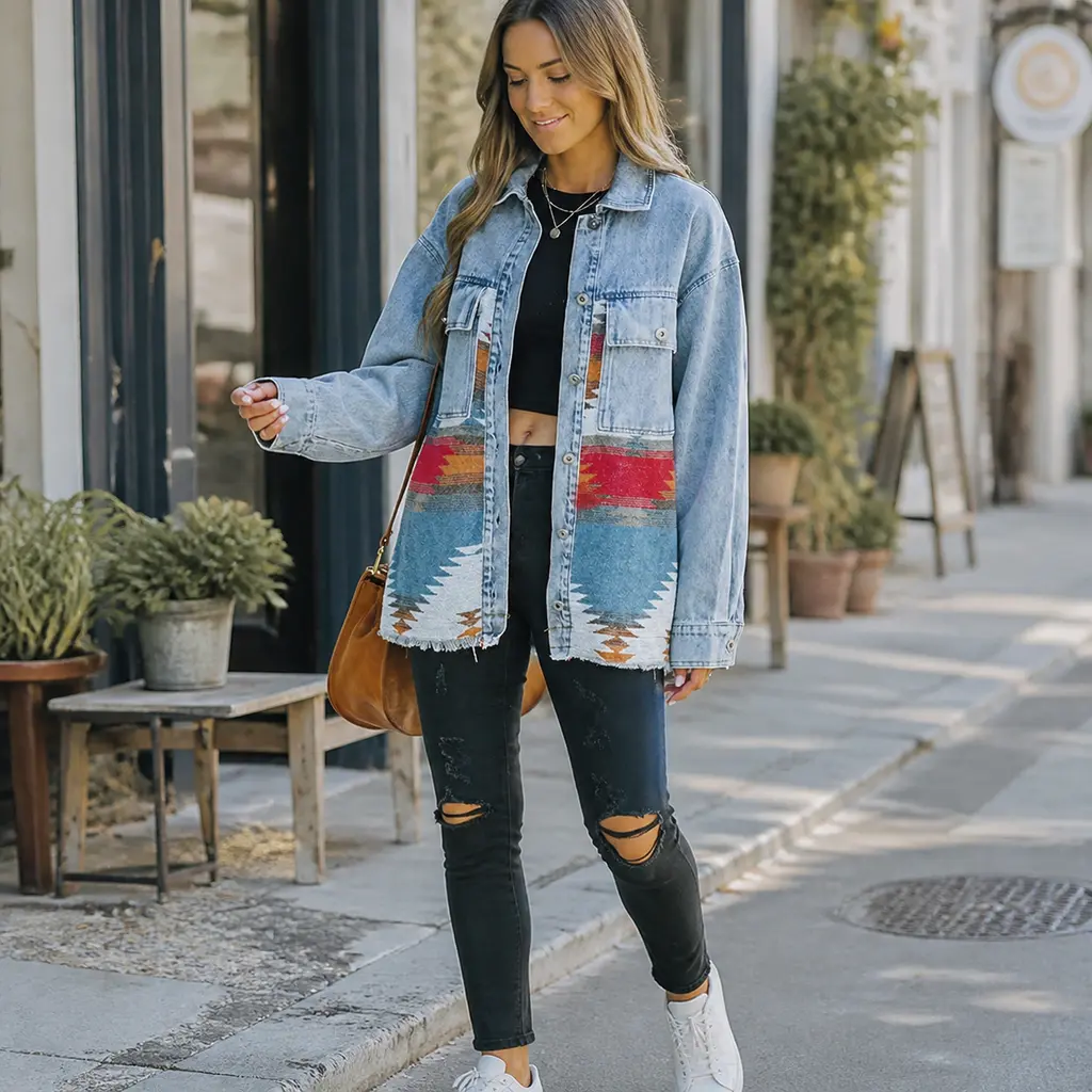 Women Oversized Aztec Geometric Patchwork Denim Shacket Lapel Button Down Raw Frayed Hem Western Boho Long Sleeve Jean Jacket With Pockets