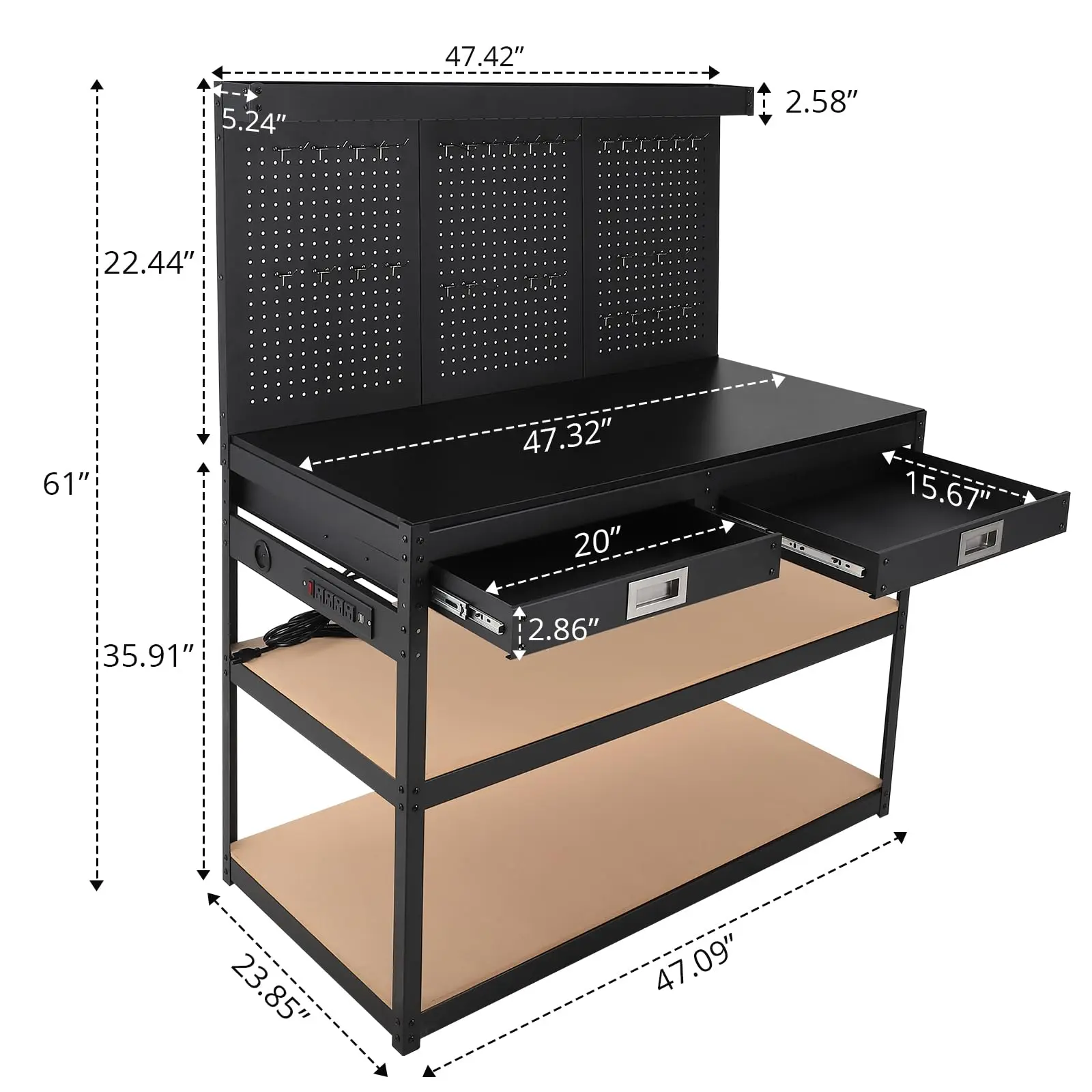 Garvee Heavy Duty 48" 3-Tier Industrial Steel Workbench with Pegboard, 2 Drawers, 3 Shelves, Power Outlet, 1000lb Capacity – Garage or Warehouse Utility Table – Black, US Regulations