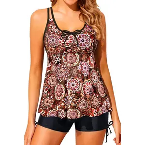Tempt Me Women Tankini Swimsuits with Shorts - Two Piece Tummy Control Bathing Suit Flowy Swimwear with Boyshorts
