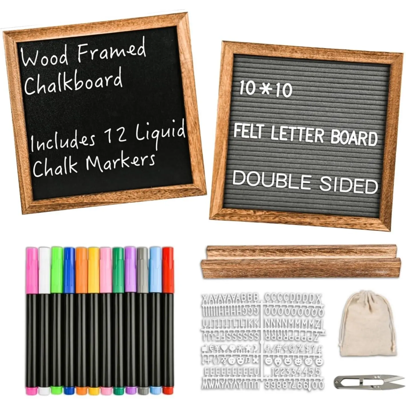 10" x 10" Double Sided Chalkboard Sign with Stand, Small Chalk Board Blackboard  Frame Felt Letter Board with 12 Chalk Markers and 340 Letters (White)