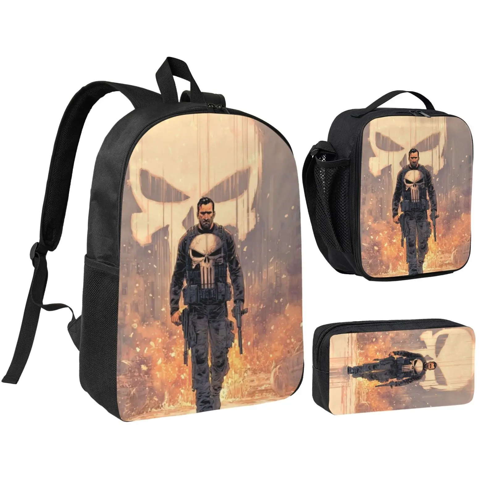 Anime Punisher4 Kids 3Pcs Multipurpose Teen Backpack Set with Adjustable Shoulder Straps, School Bookbag, Insulated Lunch Box & Pencil Bag for Boys Girls Daily School Travel Office