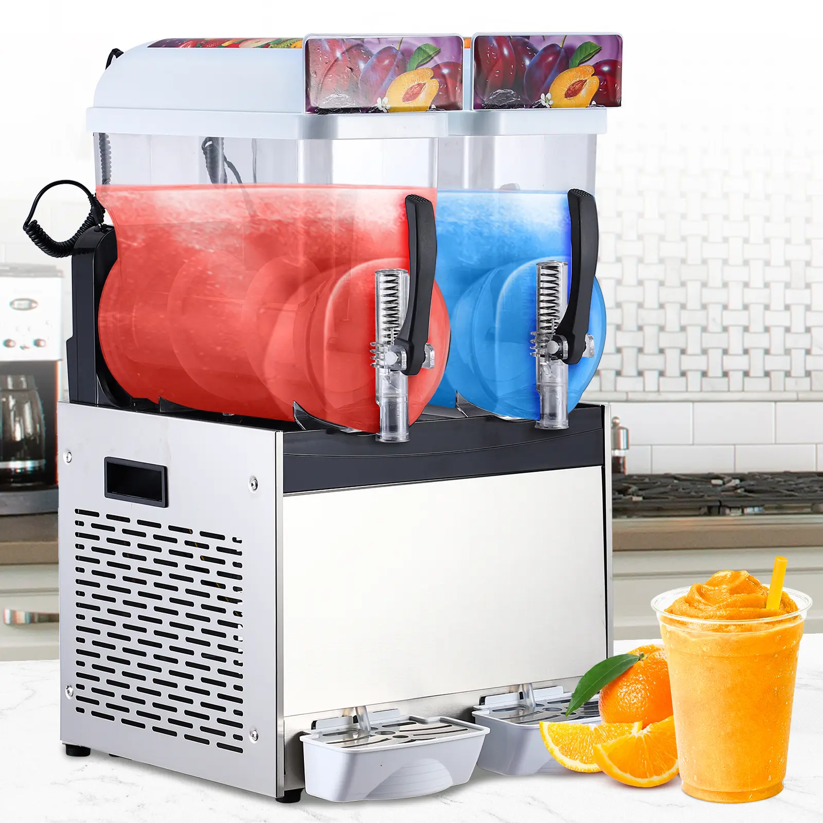 700W Commercial Slushy Machine, Large 12L X 2/15L X 2 Tanks Capacity Frozen Drink Machine, Stainless Steel Margarita Smoothie Frozen Drink Maker, Slushie Machine for Margaritas, Ice Cream, Snow Cones - Ideal for Home, Coffee Shop, Restaurant ﻿